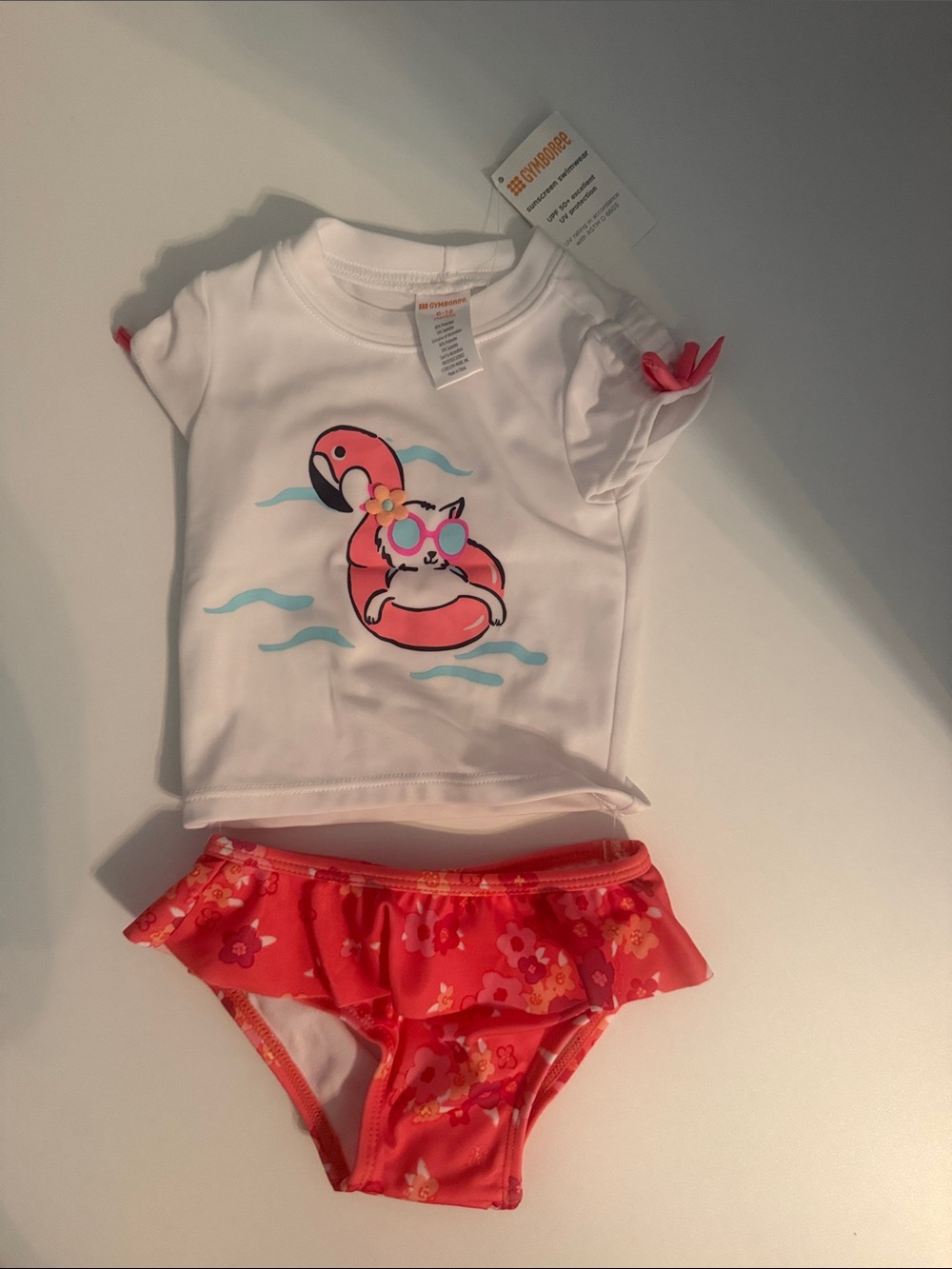 Gymboree White Rash Guard with Pink Flamingo and Coral Floral Bikini